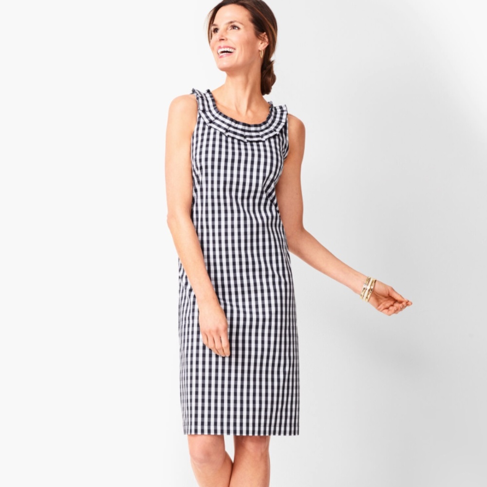 Talbots Navy Blue & White Gingham Stretch Sleeveless Sheath Dress EUC in size 16